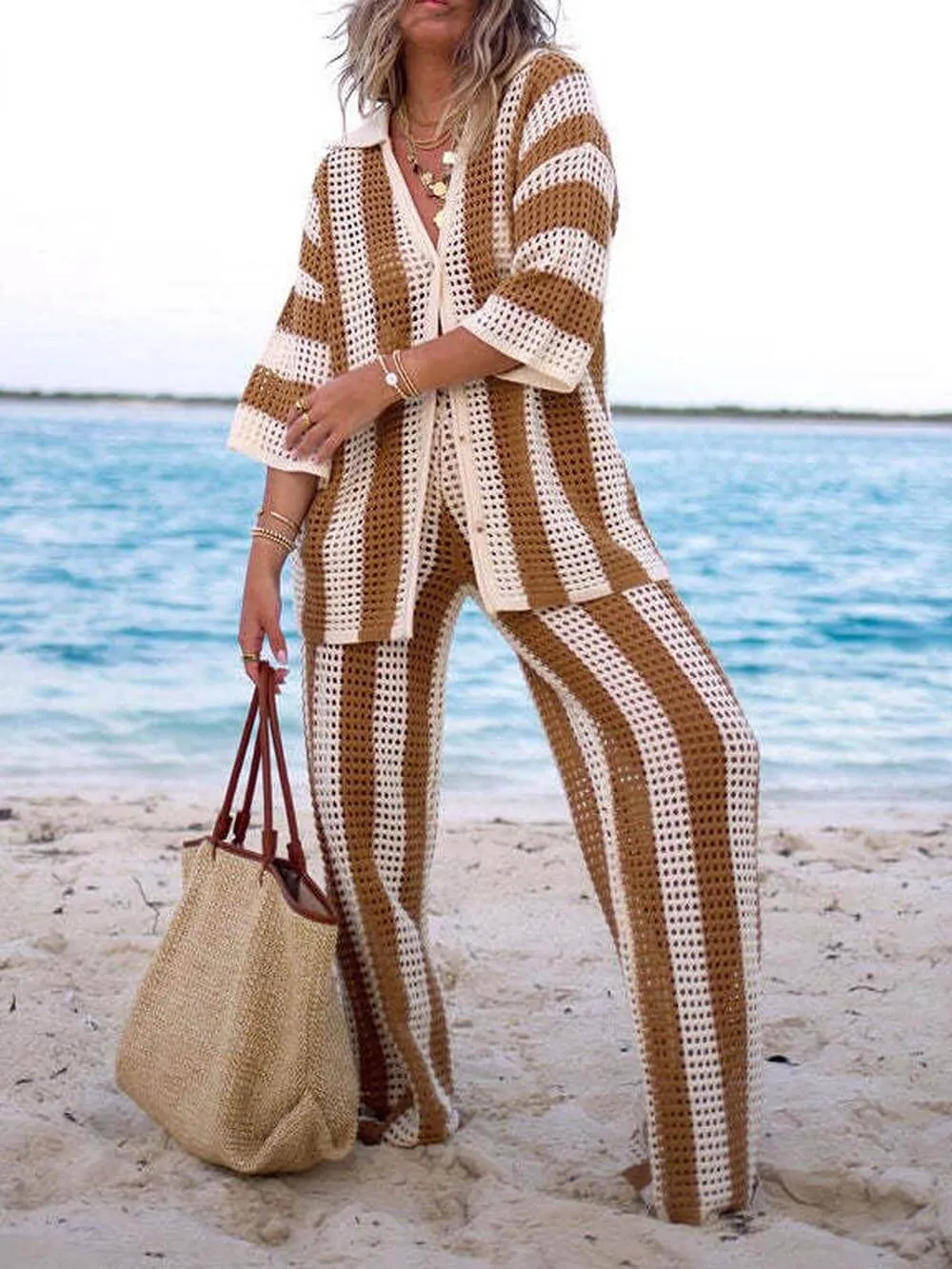 Alicia - Trendy Two Piece Striped Shirt and Pant Set