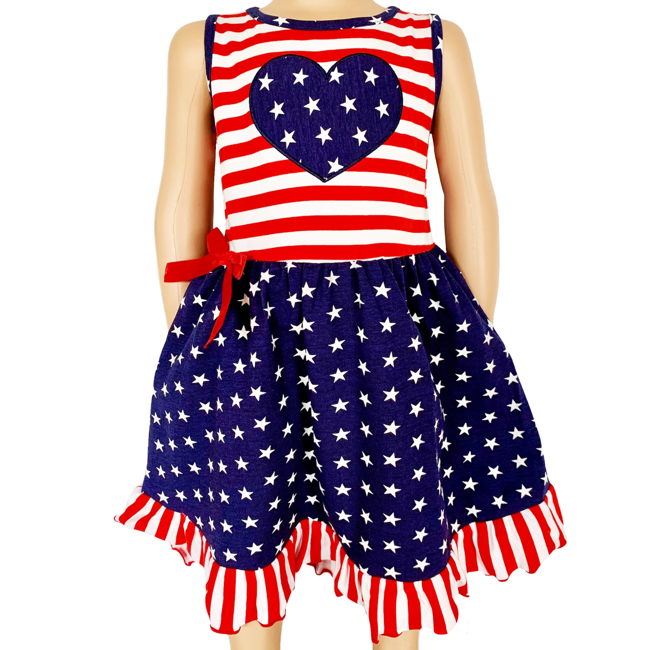 AnnLoren Girls 4th of July Stars & Striped Heart Dress Red White & Blue