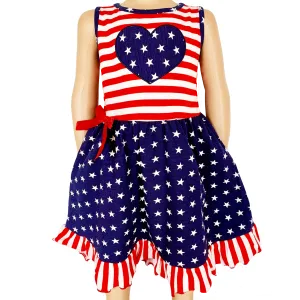 AnnLoren Girls 4th of July Stars & Striped Heart Dress Red White & Blue