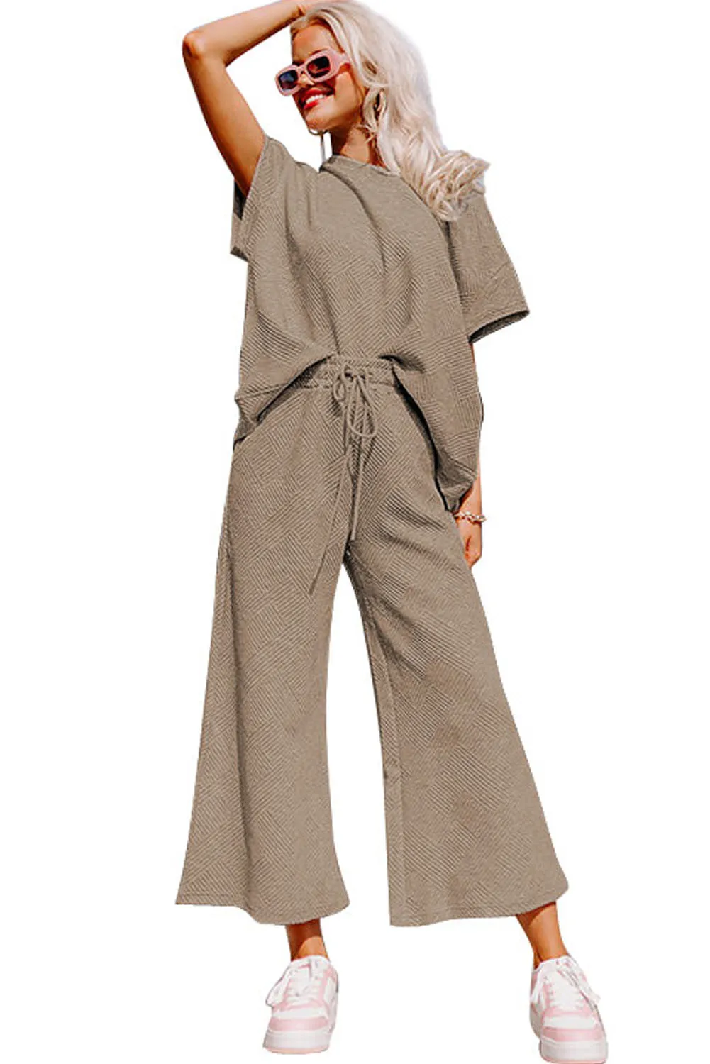 Apricot khaki Gray Textured Loose Fit T Shirt and Drawstring Pants Set