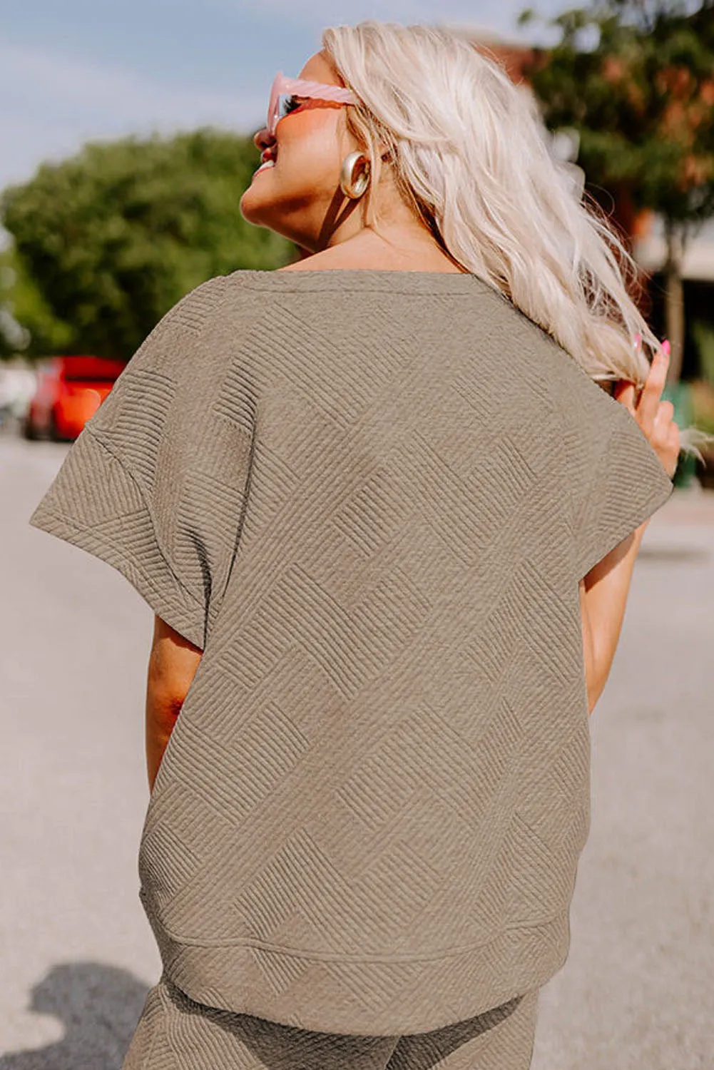 Apricot khaki Gray Textured Loose Fit T Shirt and Drawstring Pants Set