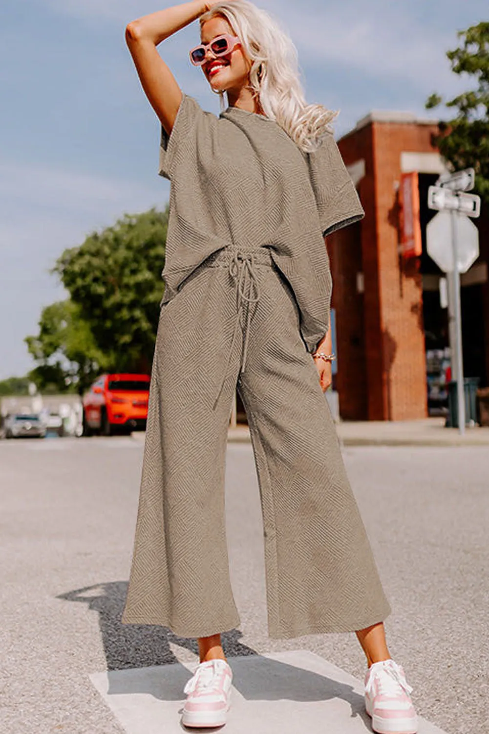 Apricot khaki Gray Textured Loose Fit T Shirt and Drawstring Pants Set