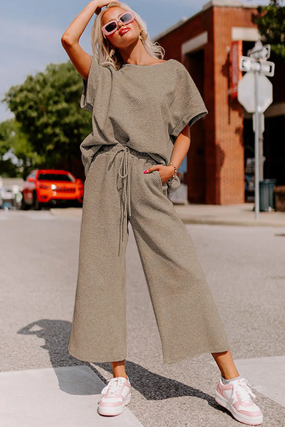 Apricot khaki Gray Textured Loose Fit T Shirt and Drawstring Pants Set