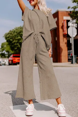 Apricot khaki Gray Textured Loose Fit T Shirt and Drawstring Pants Set