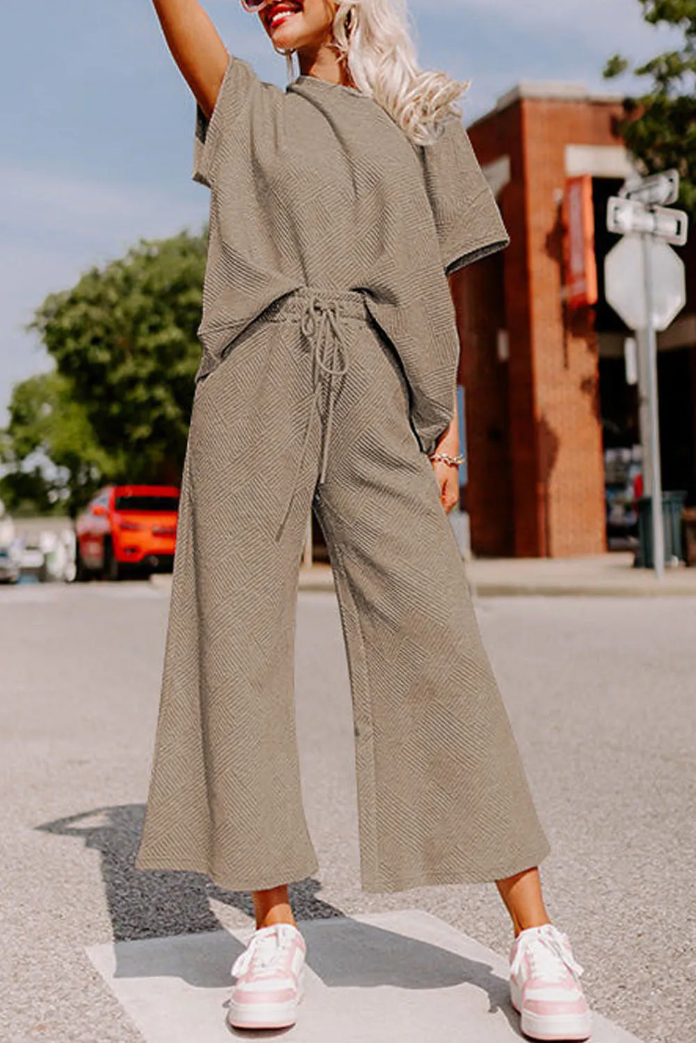 Apricot khaki Gray Textured Loose Fit T Shirt and Drawstring Pants Set