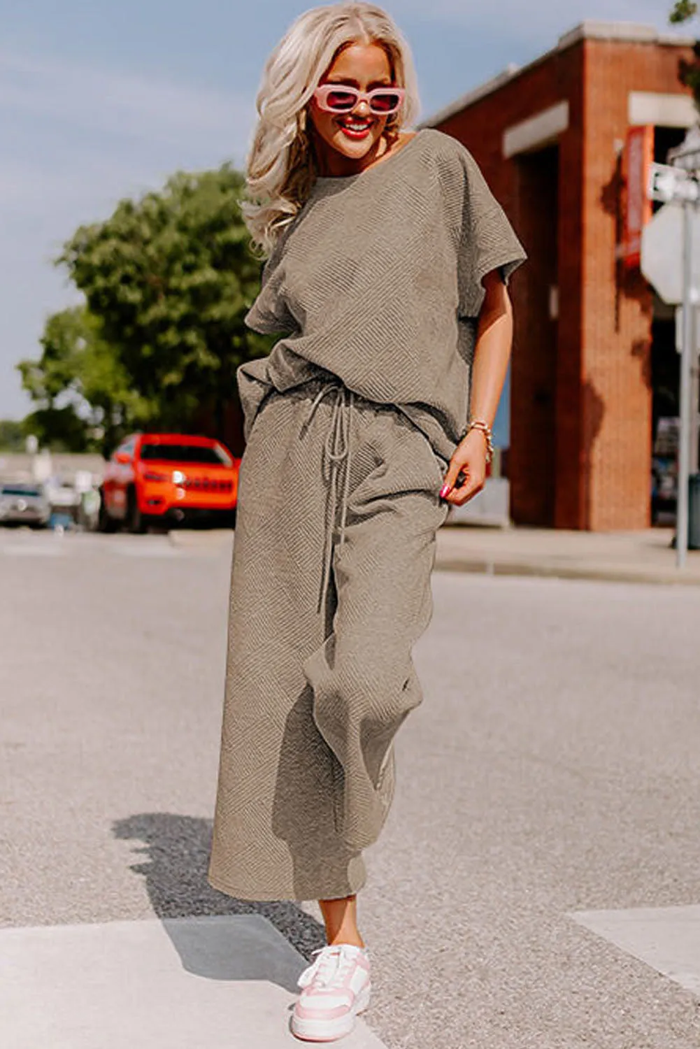 Apricot khaki Gray Textured Loose Fit T Shirt and Drawstring Pants Set