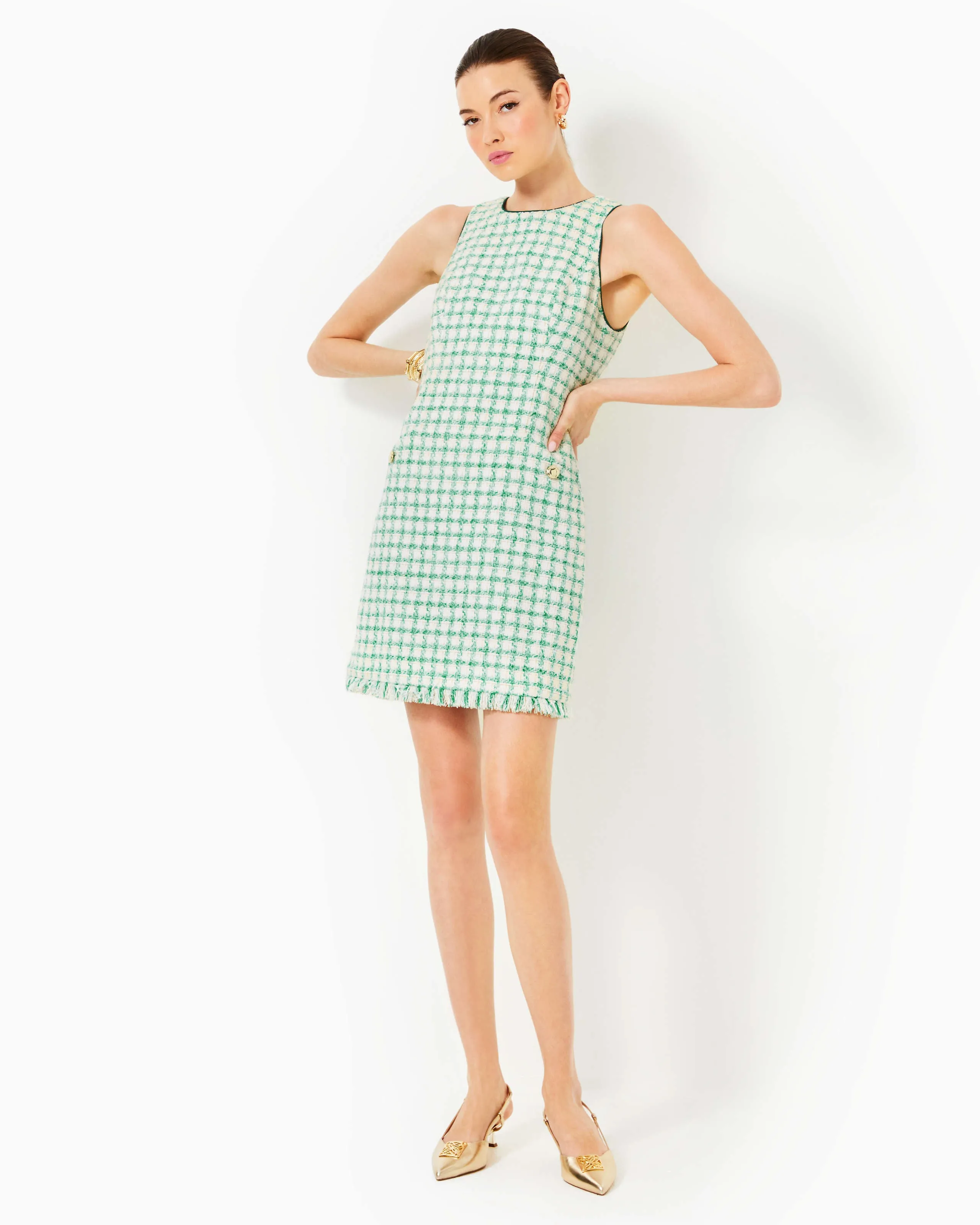 Augustus Boucle Shift Dress - Fiddle Leaf Green Windowpane Boucle