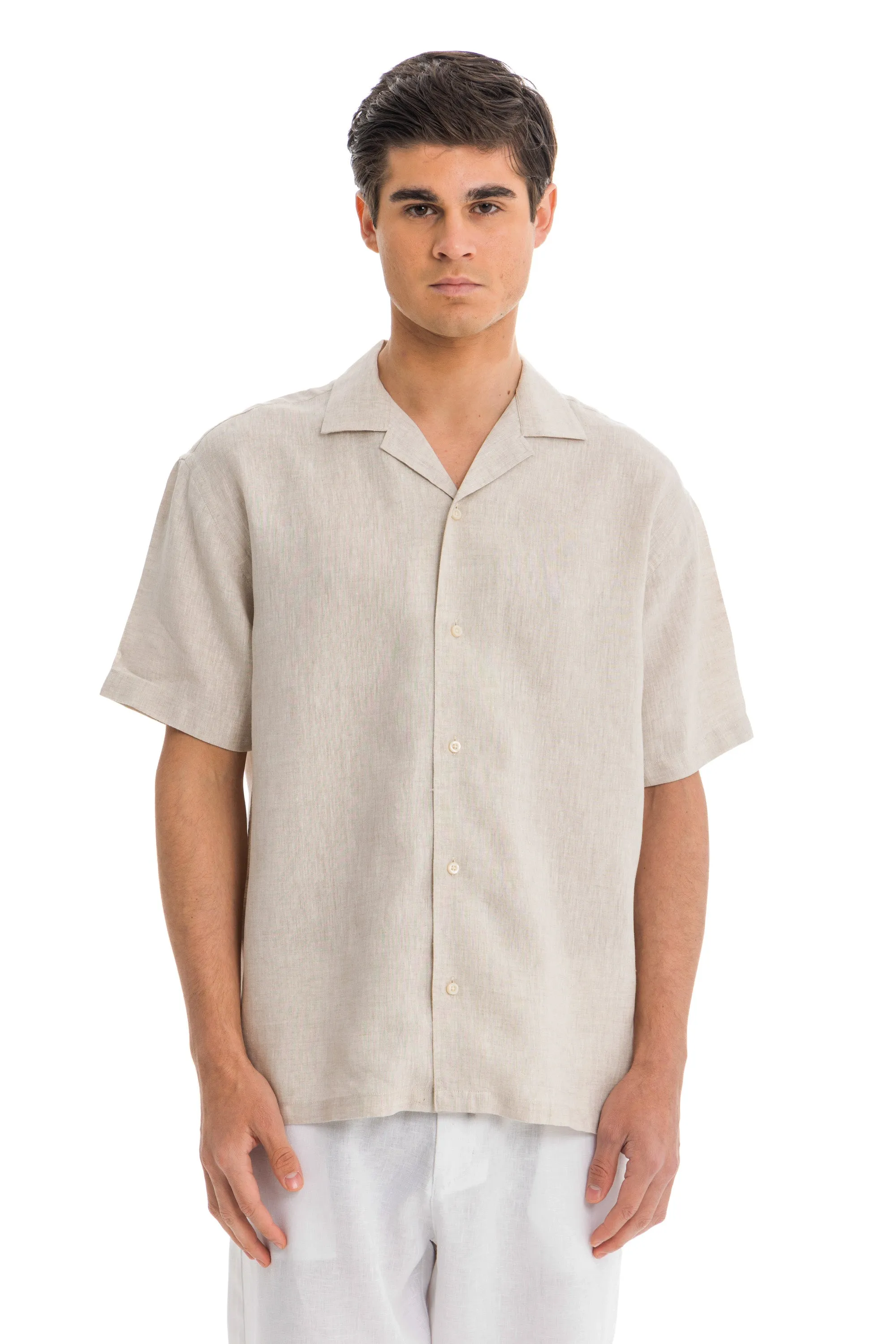Beige Cuban Linen Shirt Short Sleeve