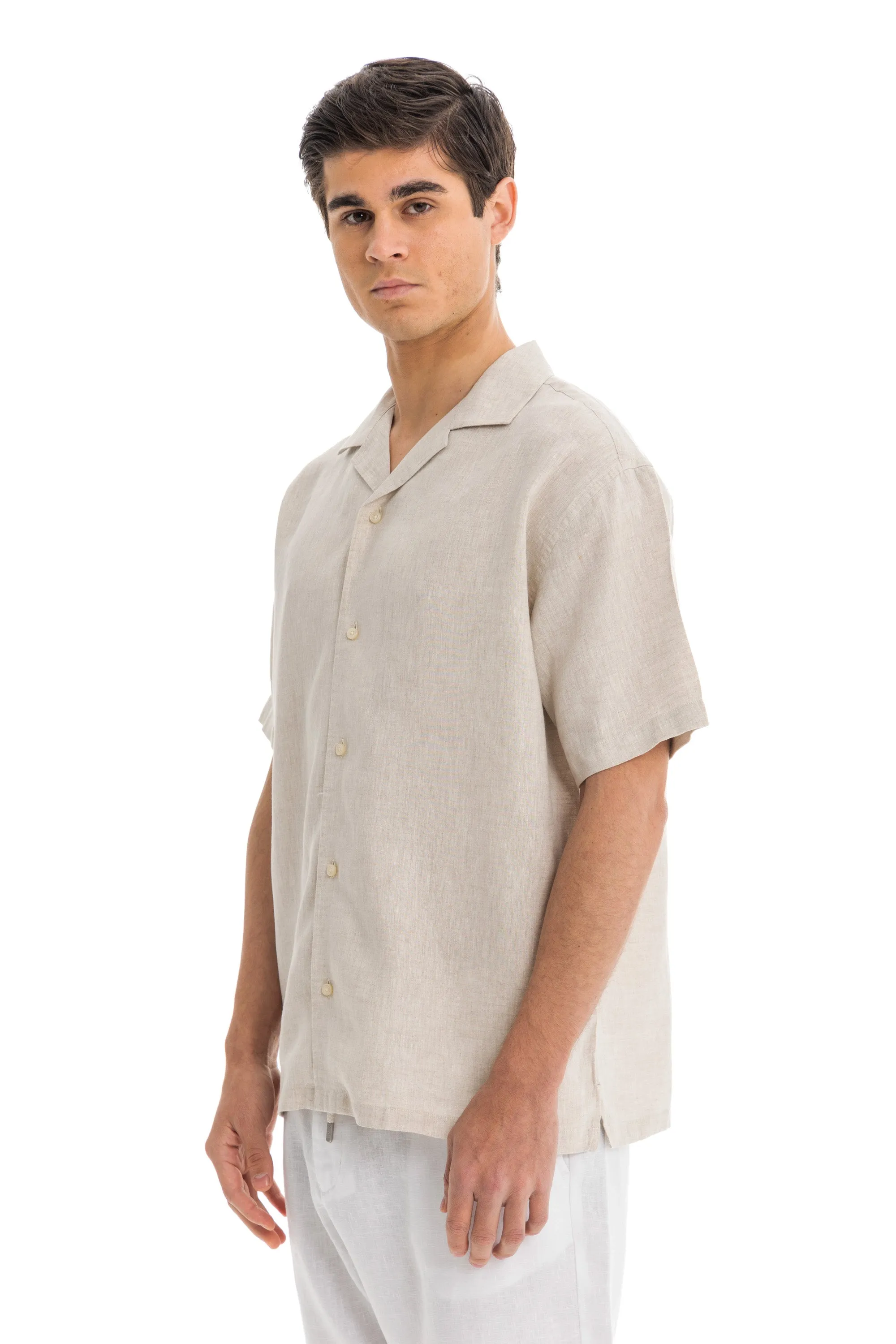 Beige Cuban Linen Shirt Short Sleeve