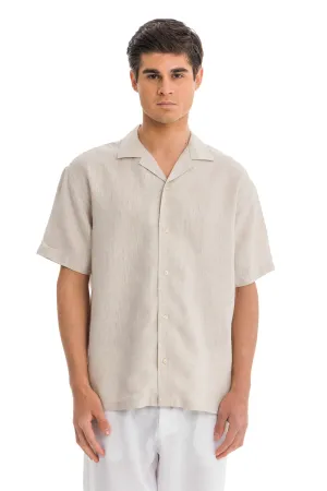 Beige Cuban Linen Shirt Short Sleeve