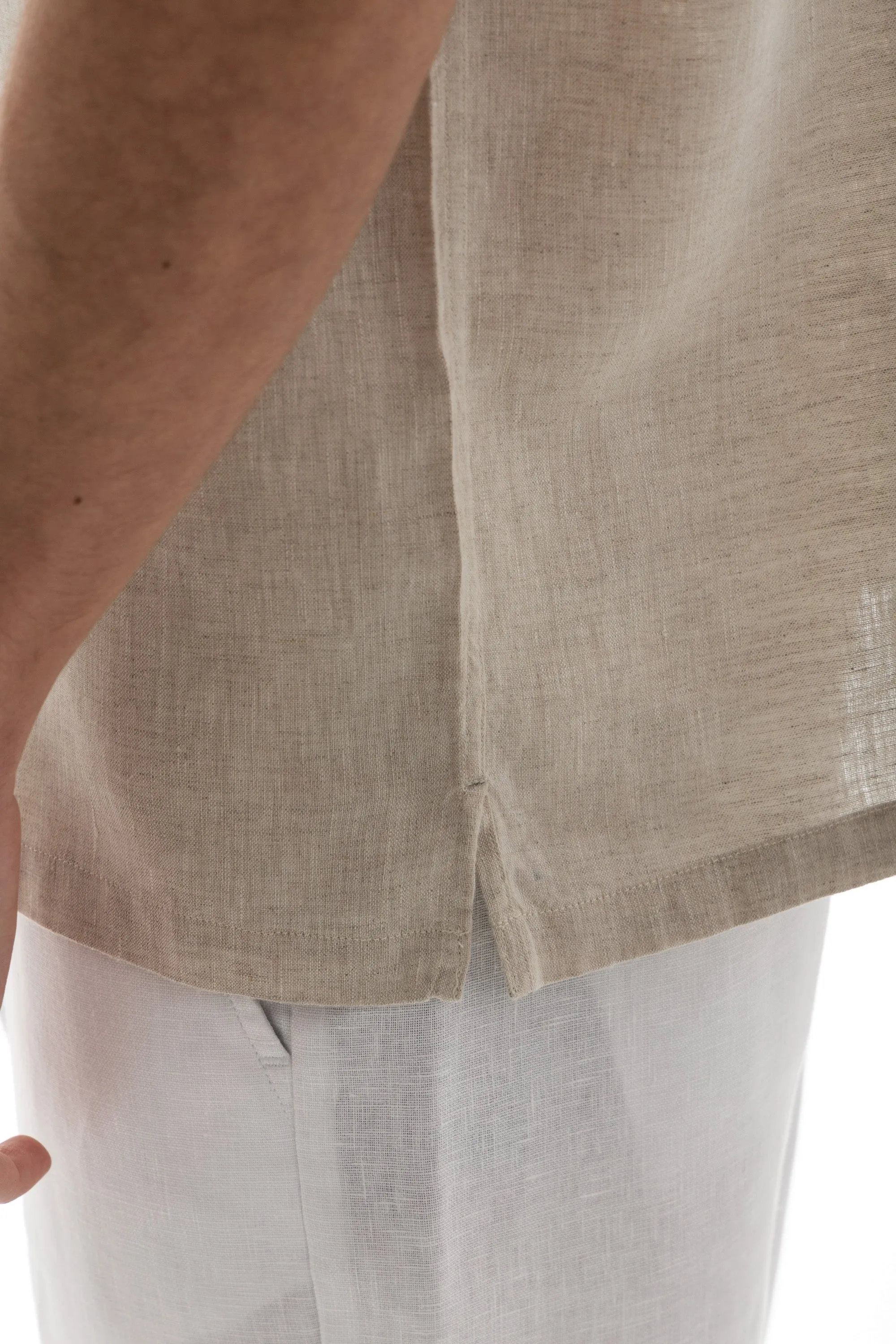 Beige Cuban Linen Shirt Short Sleeve