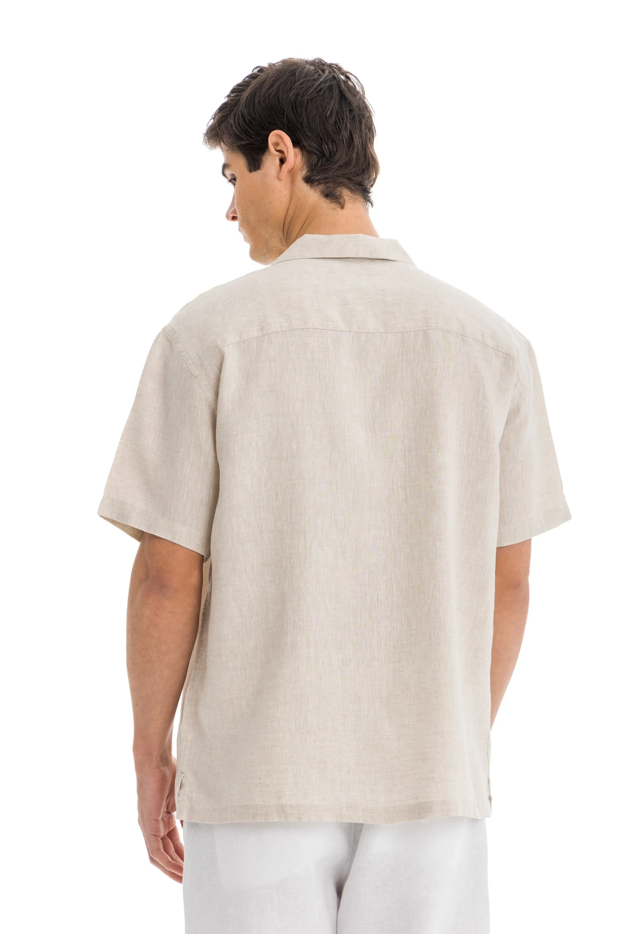 Beige Cuban Linen Shirt Short Sleeve