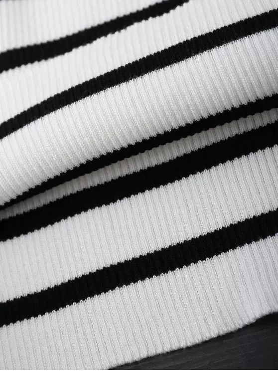 BerryBetty - Cute Spaghetti Strap Cold Shoulder Striped Knit Dress