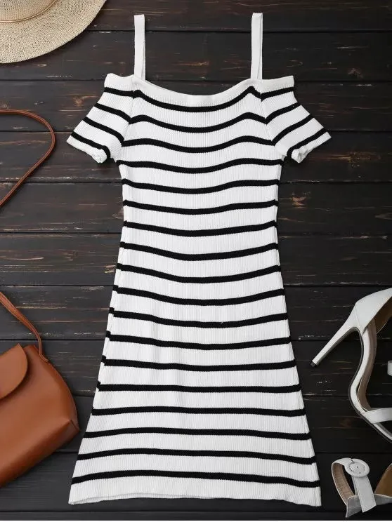 BerryBetty - Cute Spaghetti Strap Cold Shoulder Striped Knit Dress