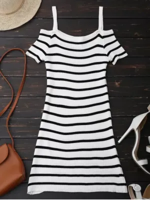 BerryBetty - Cute Spaghetti Strap Cold Shoulder Striped Knit Dress