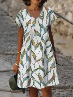 BerryBetty - Leaf Print V Neck Causal Short Sleeve Shift Dress