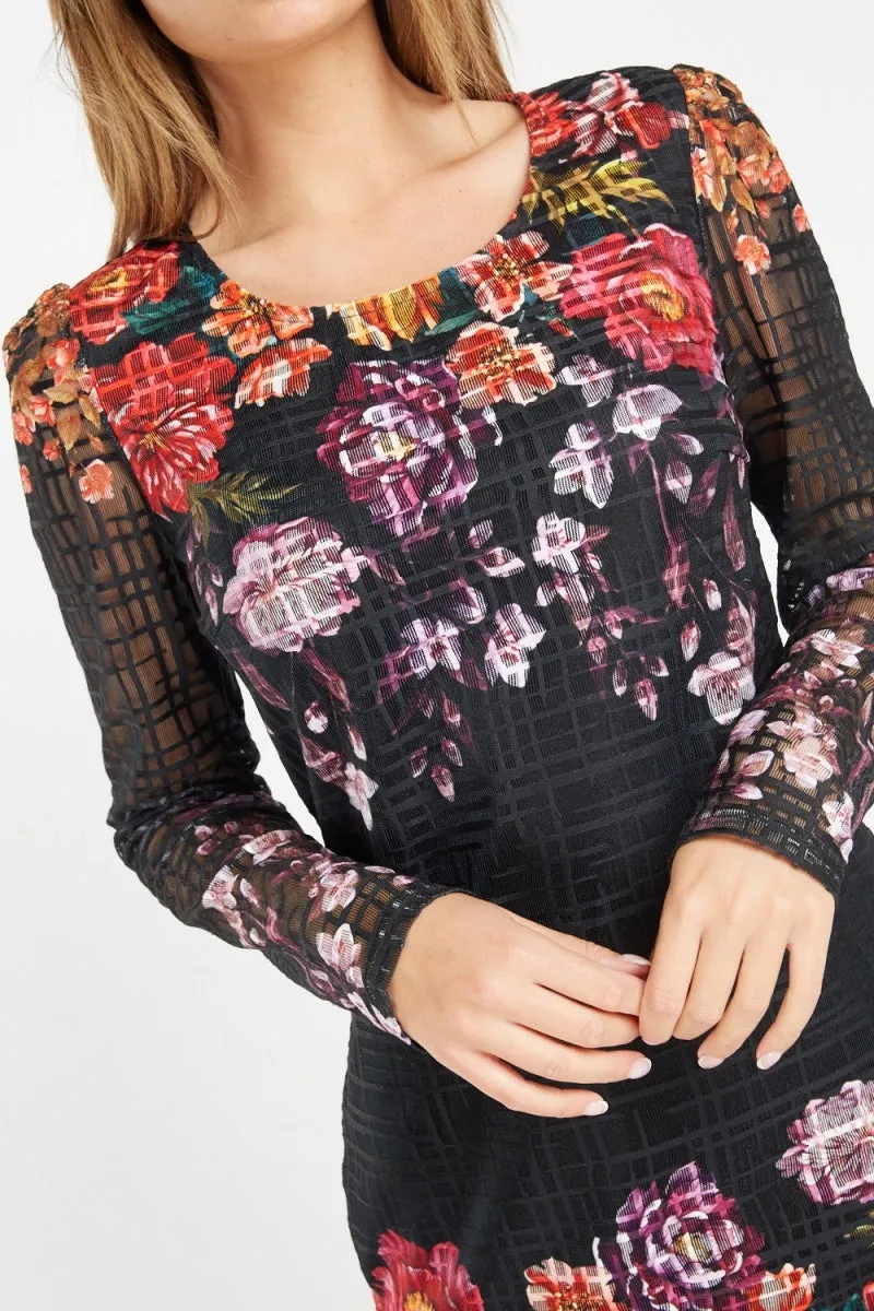 Black Floral Mesh Shift Dress
