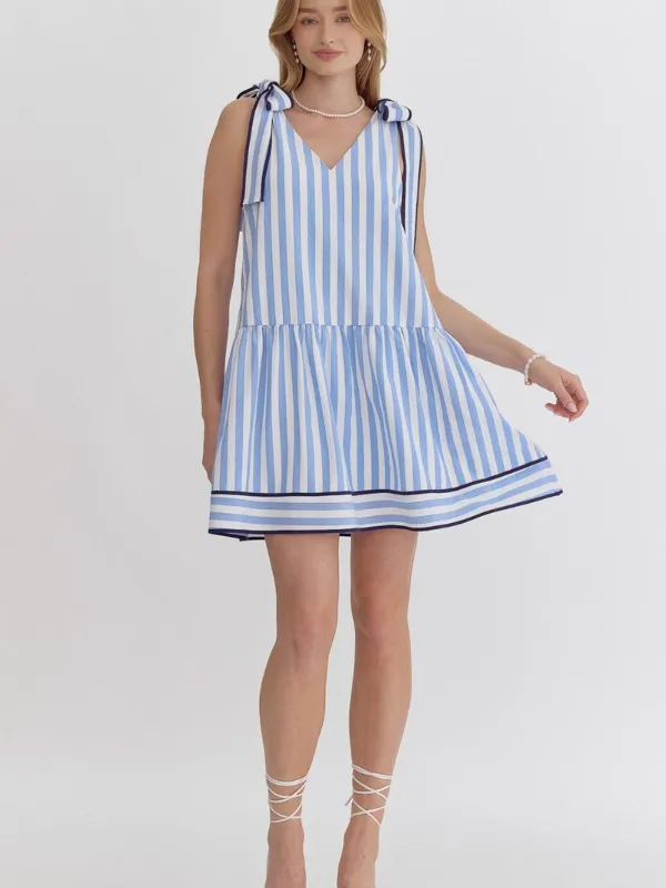 Blue Striped Tie Shoulder Dress