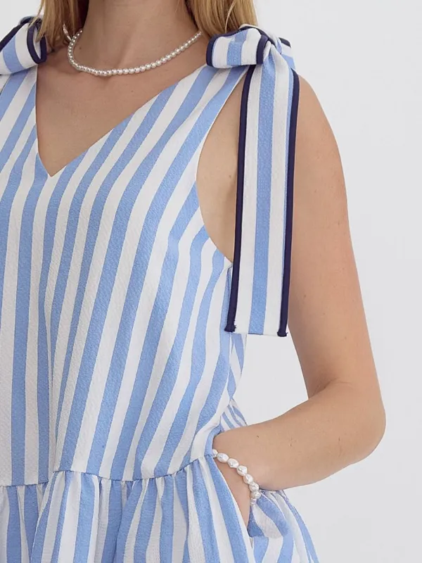 Blue Striped Tie Shoulder Dress
