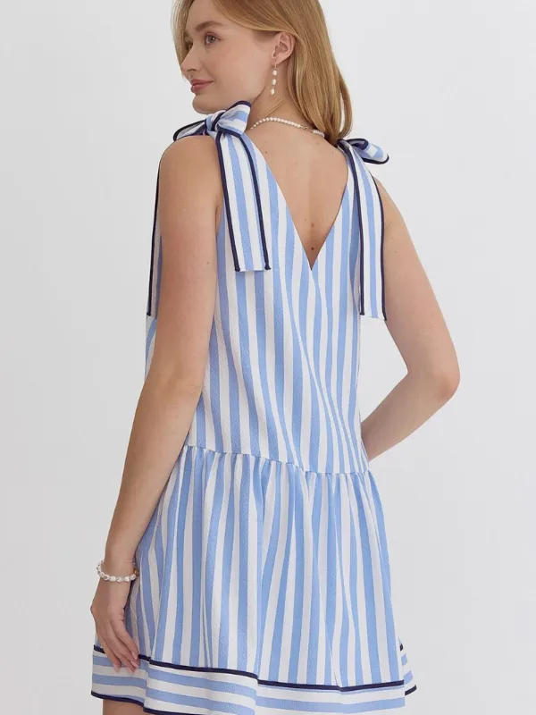 Blue Striped Tie Shoulder Dress