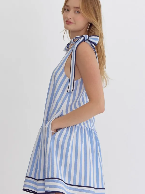 Blue Striped Tie Shoulder Dress