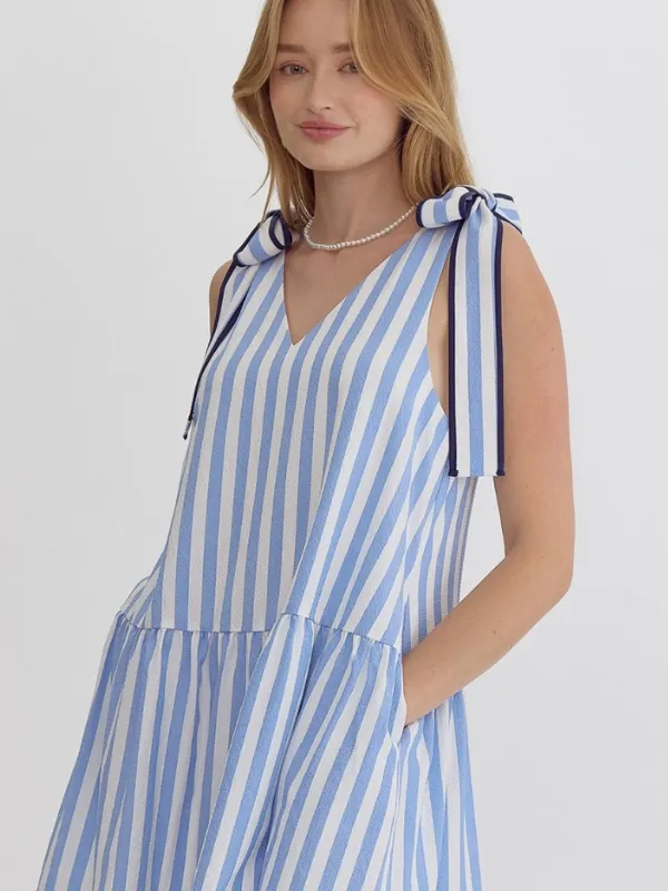 Blue Striped Tie Shoulder Dress