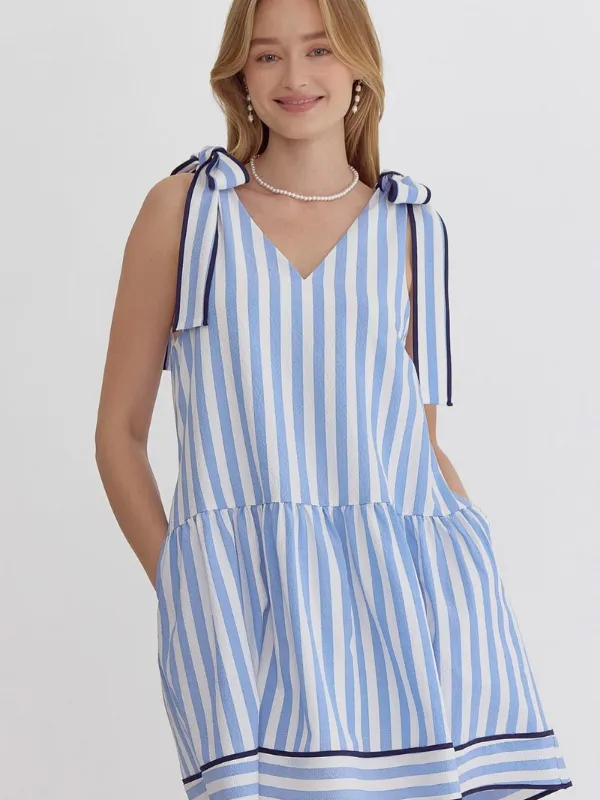 Blue Striped Tie Shoulder Dress