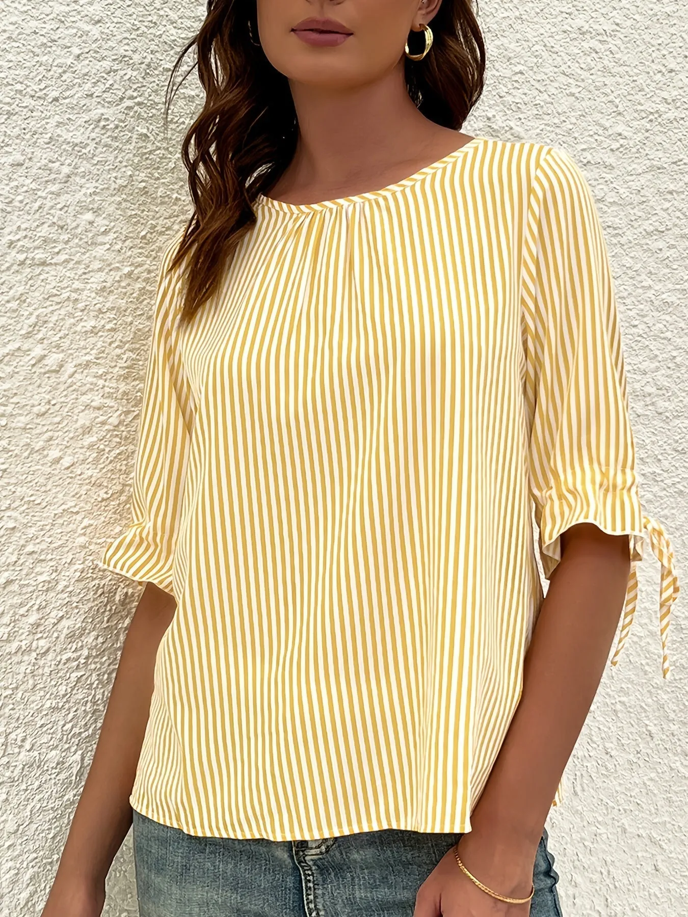 Brena® | Elegant Striped Blouse With A Round Neck And Button Details