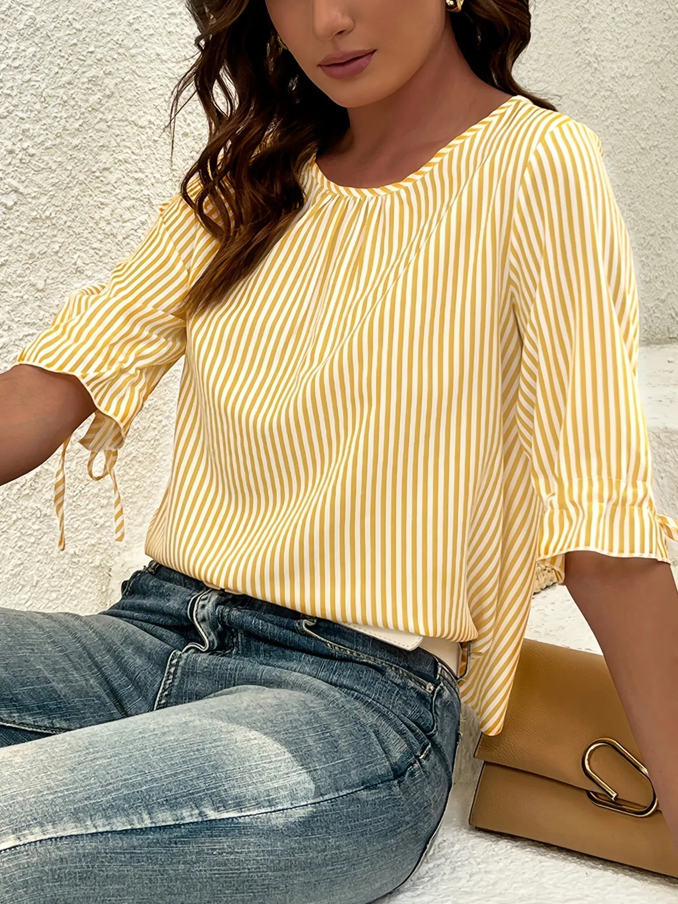 Brena® | Elegant Striped Blouse With A Round Neck And Button Details