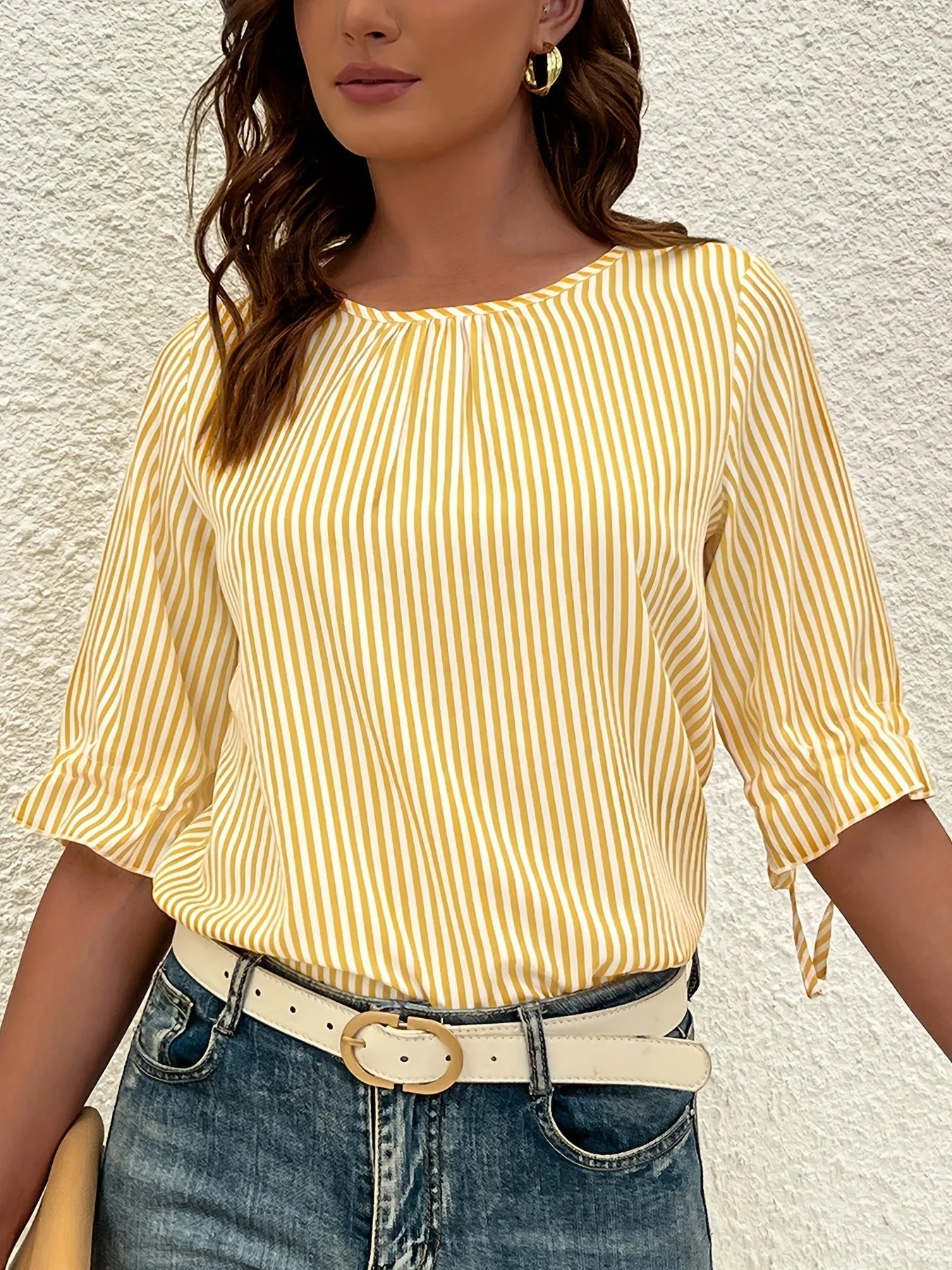 Brena® | Elegant Striped Blouse With A Round Neck And Button Details
