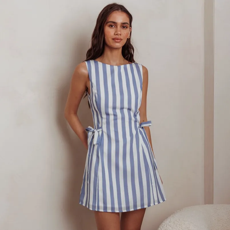 Briana Boat Neckline Striped Mini Dress