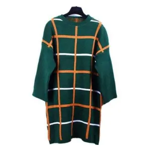 Brief Jewel Neck Plaid Long Sleeve Knitted Dress For Women - Green One Size(fit Size Xs To M)