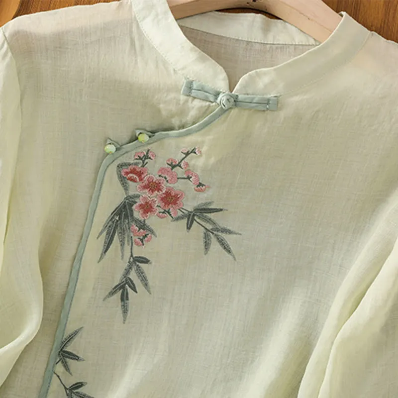 Buddha Stones Casual Embroidered Flower Stand Collar Design Three Quarter Sleeve Women's Cotton Linen Shirt