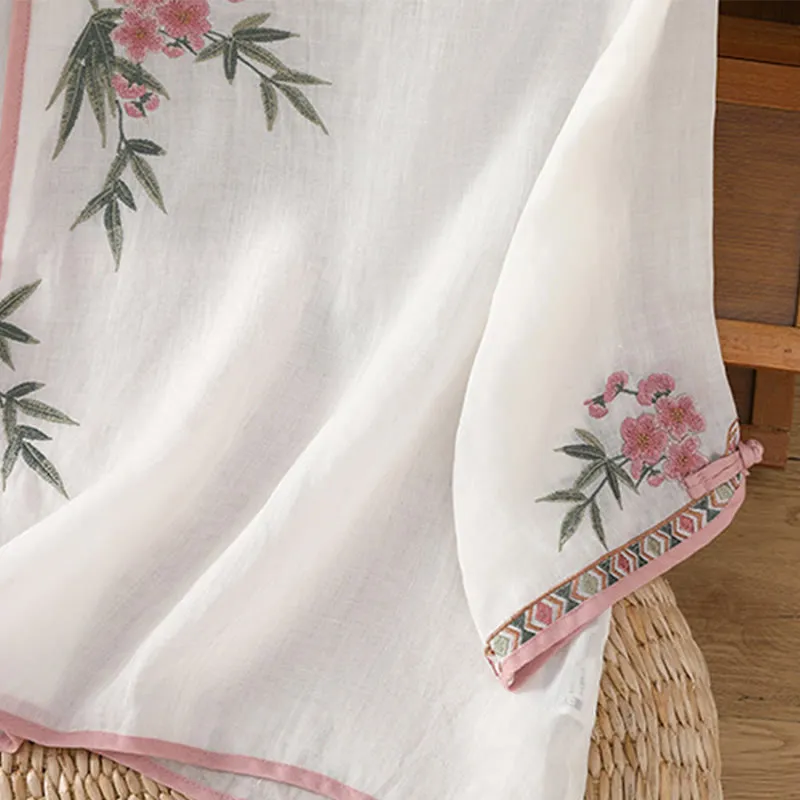 Buddha Stones Casual Embroidered Flower Stand Collar Design Three Quarter Sleeve Women's Cotton Linen Shirt