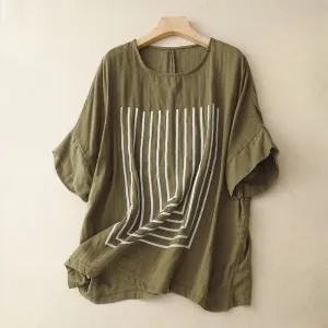Buddha Stones Casual Line Printing Pattern Short Sleeve Cotton Linen Women's T-Shirt