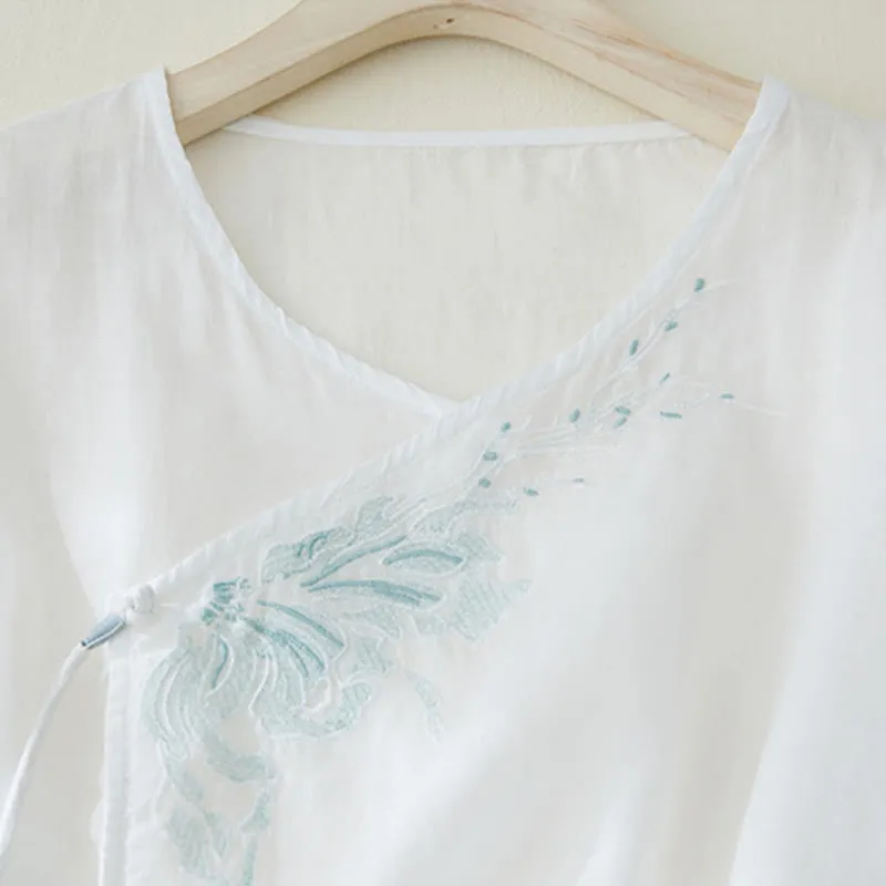 Buddha Stones Casual Women's Embroidery Plants Design Three Quarter Sleeve Cotton Linen Shirt
