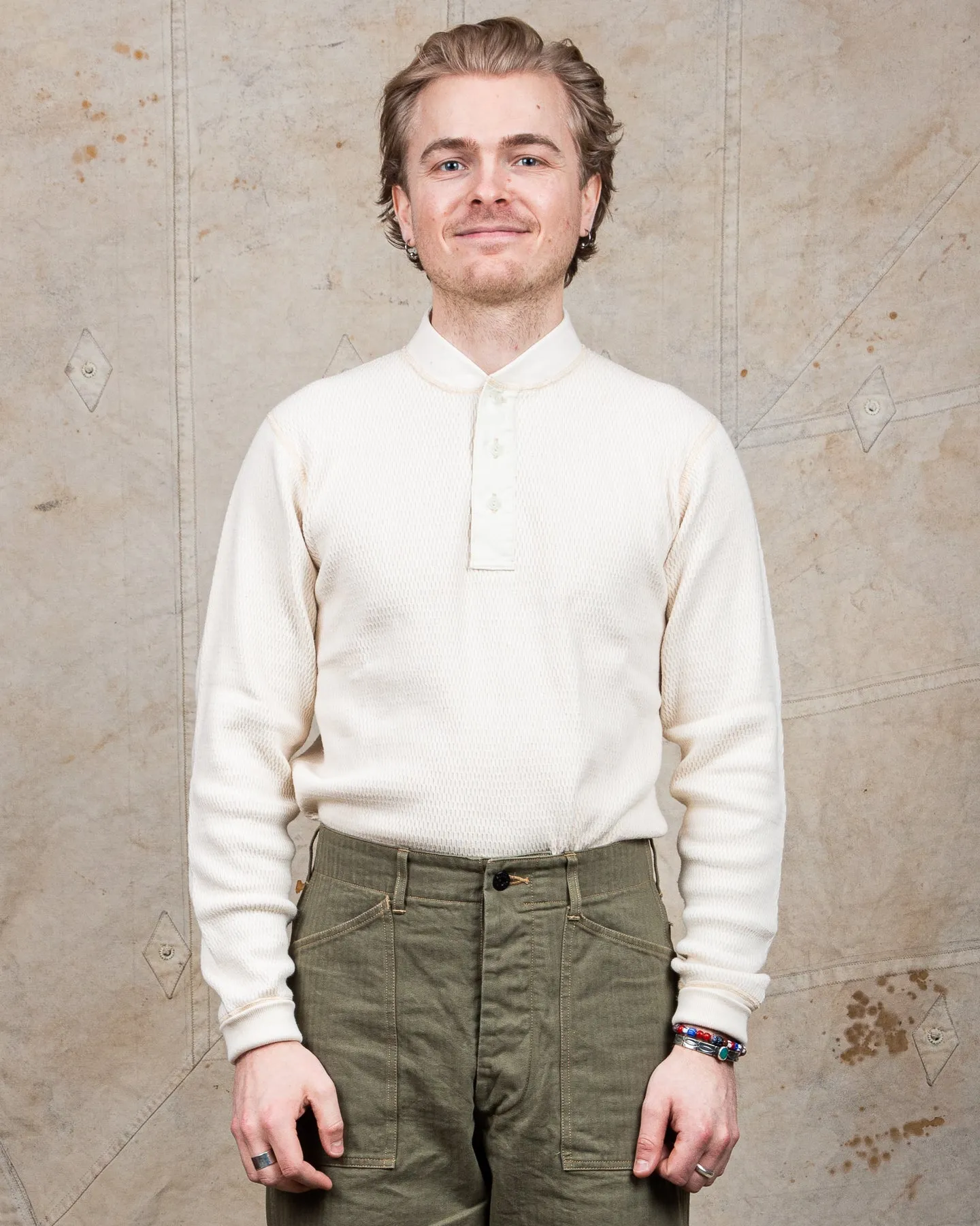Buzz Rickson Long Sleeve Thermal Henley Shirt White