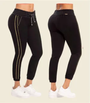 Casual Black Joggers with Gold Tuxedo Stripe