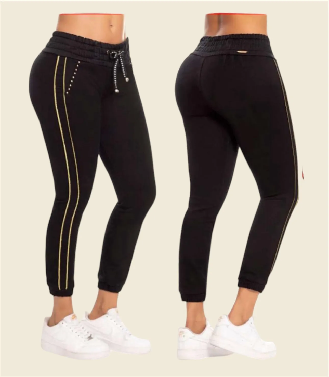 Casual Black Joggers with Gold Tuxedo Stripe