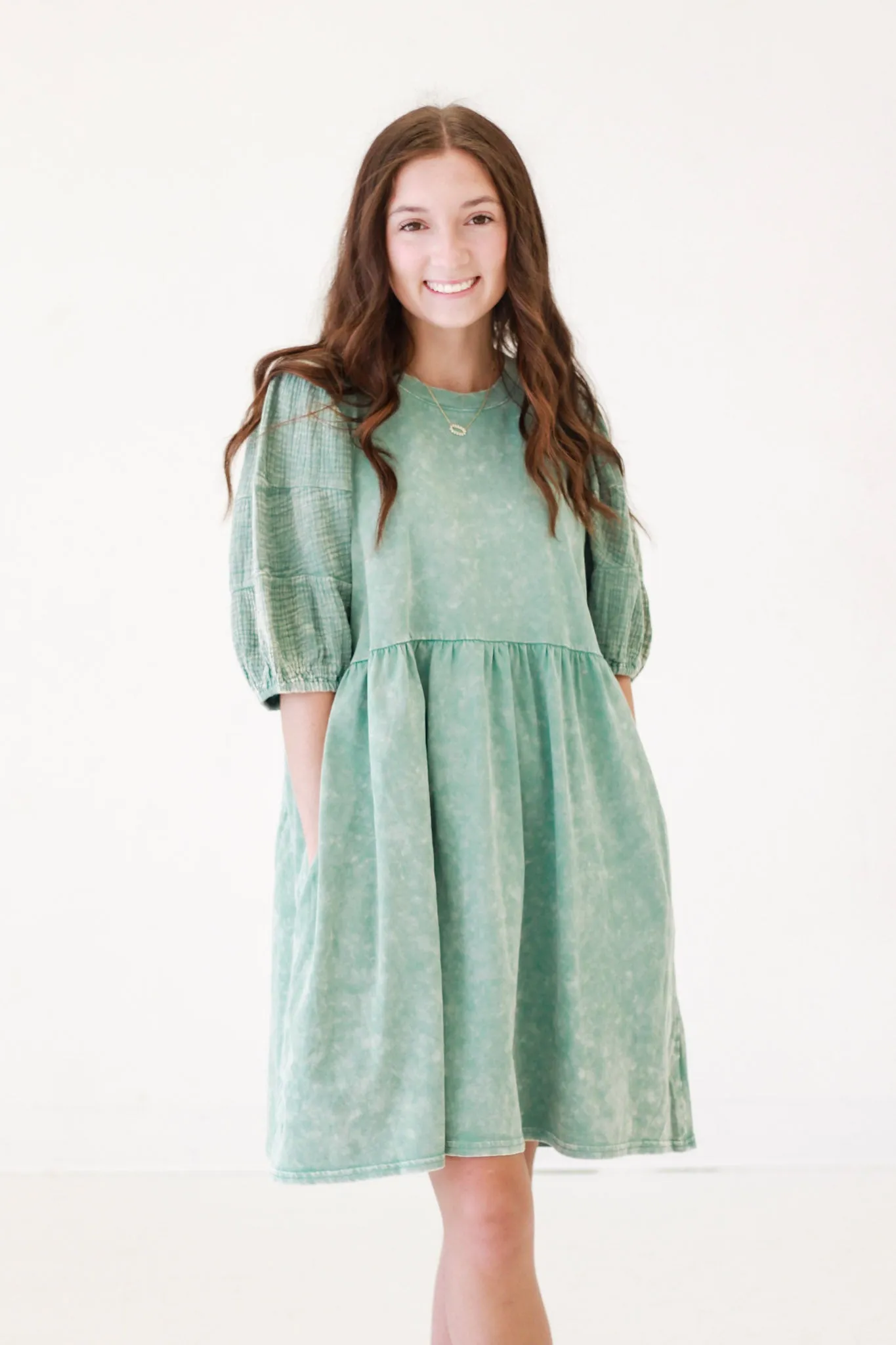 Casual Days Washed Babydoll Dress in Sage