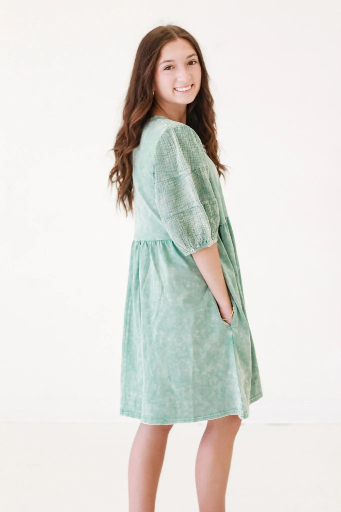 Casual Days Washed Babydoll Dress in Sage