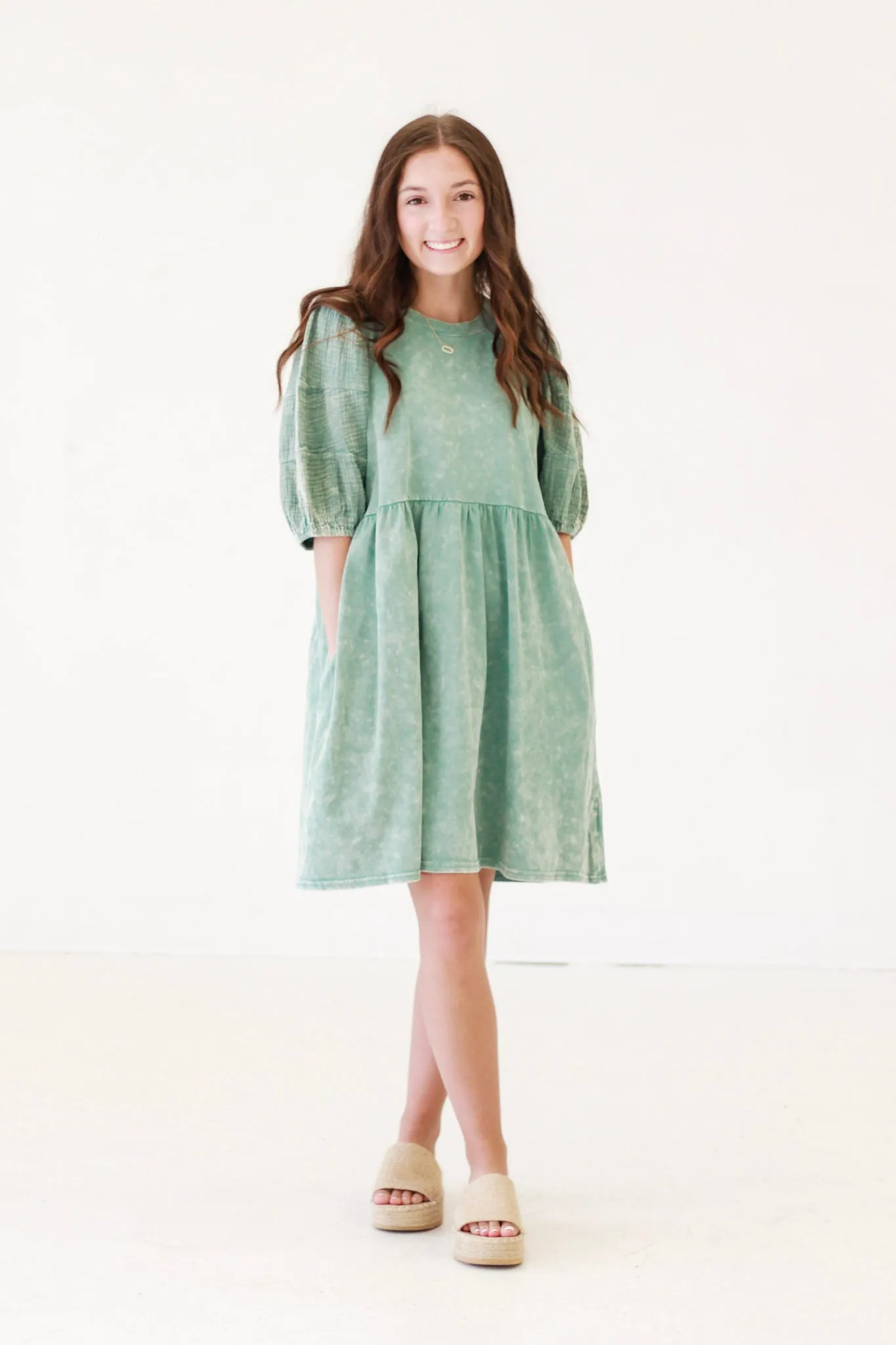 Casual Days Washed Babydoll Dress in Sage