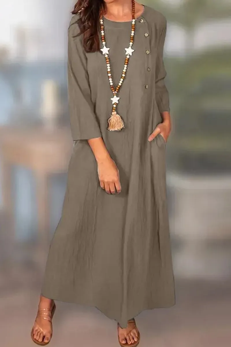 Casual Solid Pocket Buttons O Neck Long Sleeve Dresses