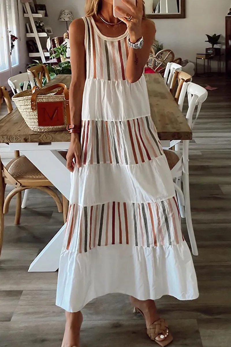 Casual Striped Patchwork O Neck Cake Skirt Dresses