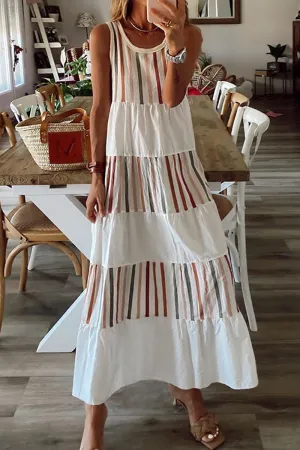 Casual Striped Patchwork O Neck Cake Skirt Dresses