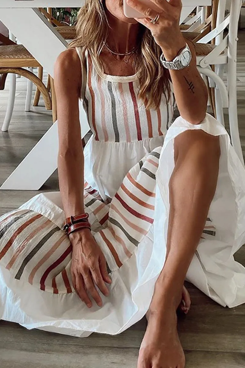 Casual Striped Patchwork O Neck Cake Skirt Dresses