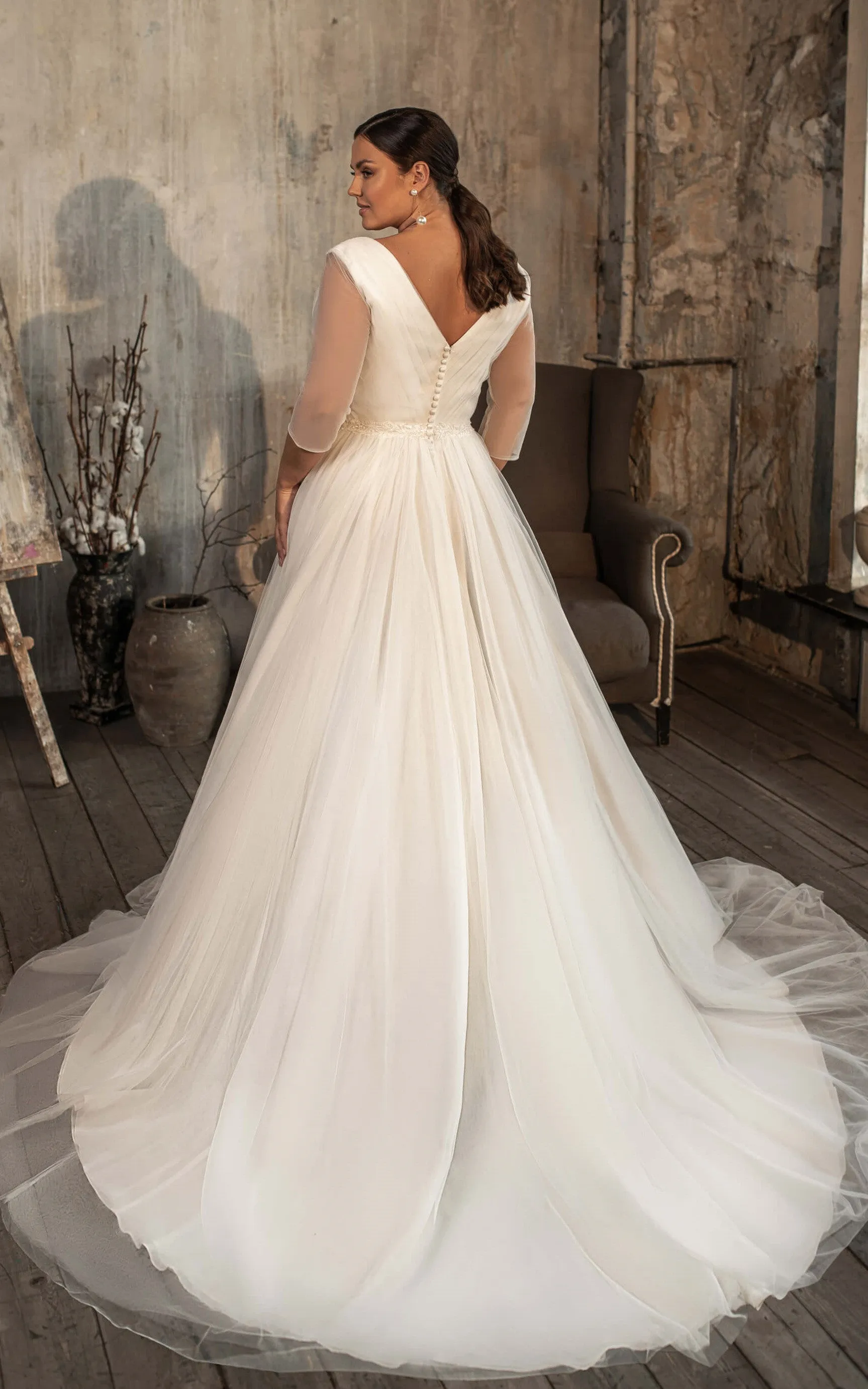 Casual V-neck A Line Tulle Court Train Wedding Dress with Ruching-716099