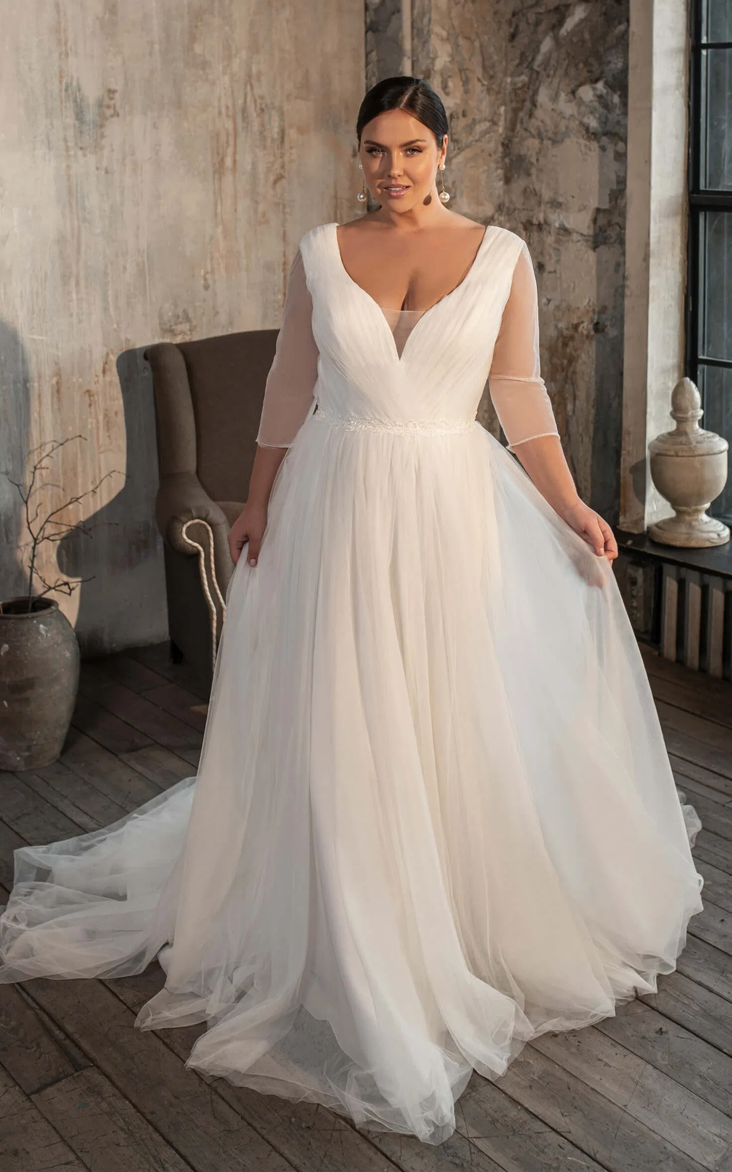 Casual V-neck A Line Tulle Court Train Wedding Dress with Ruching-716099