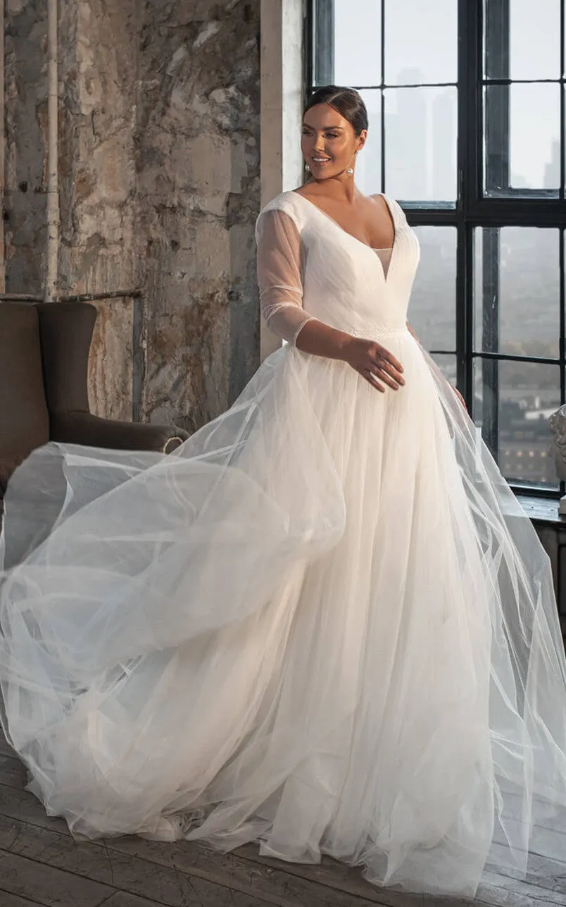 Casual V-neck A Line Tulle Court Train Wedding Dress with Ruching-716099