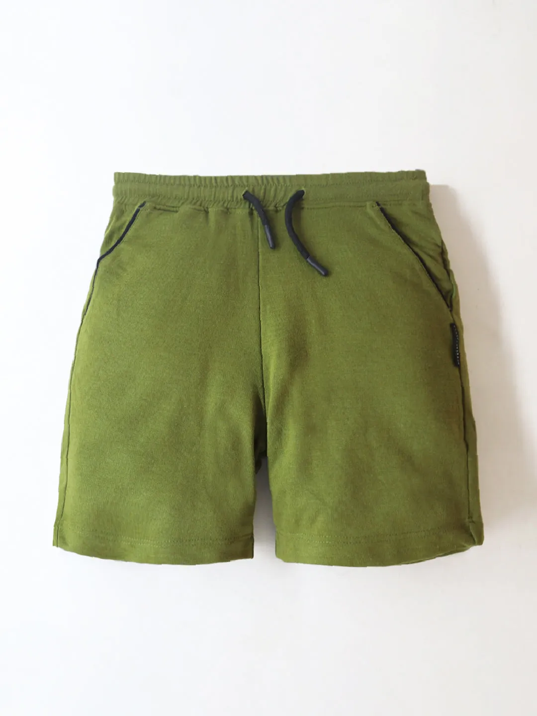 Cherry Crumble Olive Green Solid Cotton Blend Elasticated waist with Pockets Summer Shorts For Boys